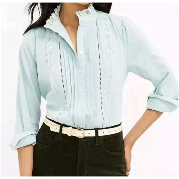 LOFT Women’s Sage Green BluCottagecore Lace Trim Pintuck Button Front Blouse L/p - Picture 1 of 12